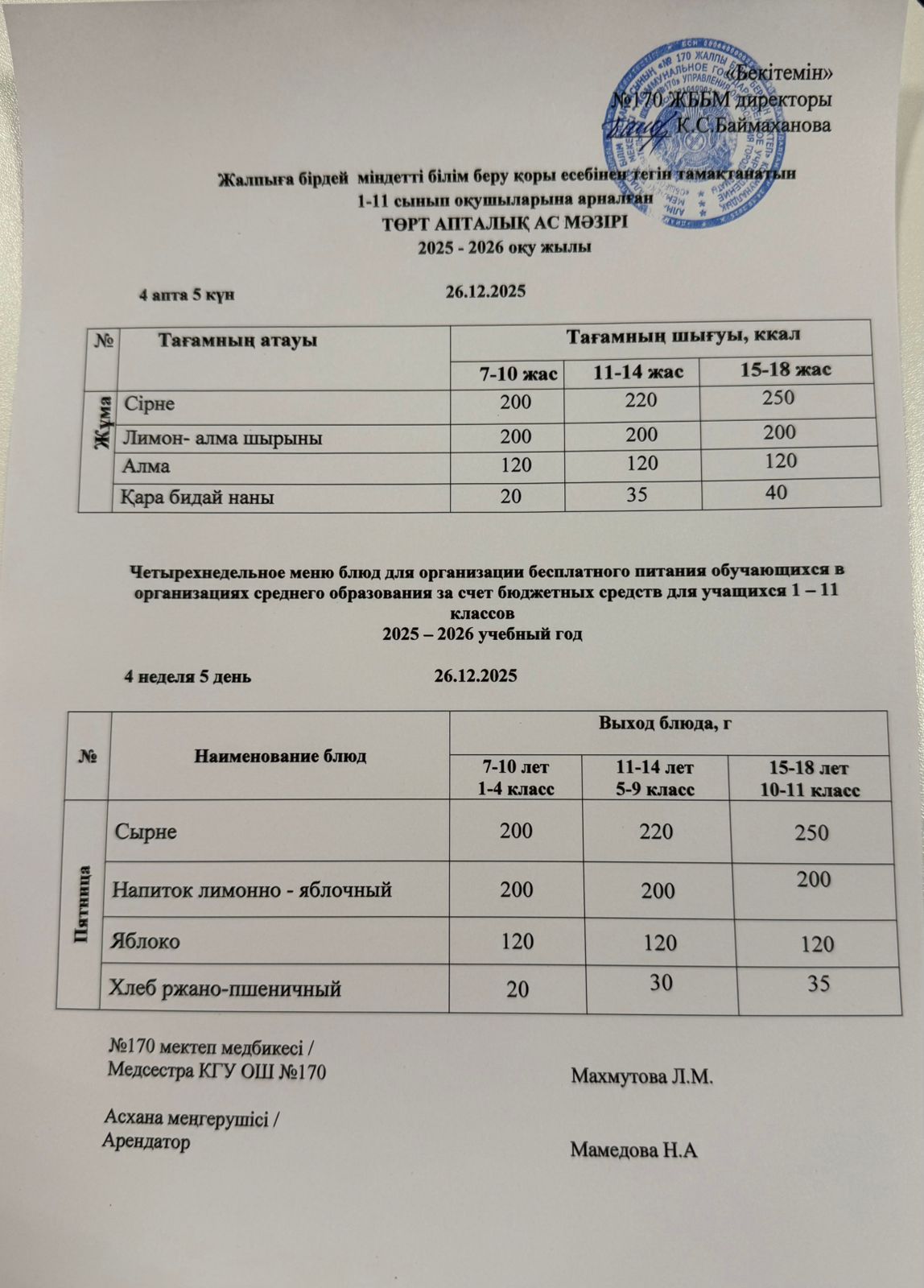 Ас мәзірі / Меню 26.12.2025