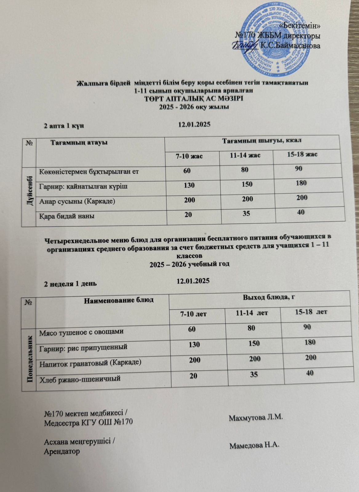 Ас мәзірі / Меню 12.01.2026