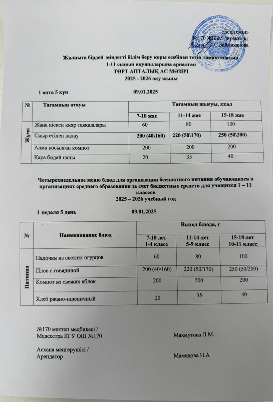 Ас мәзірі / Меню 09.01.2026