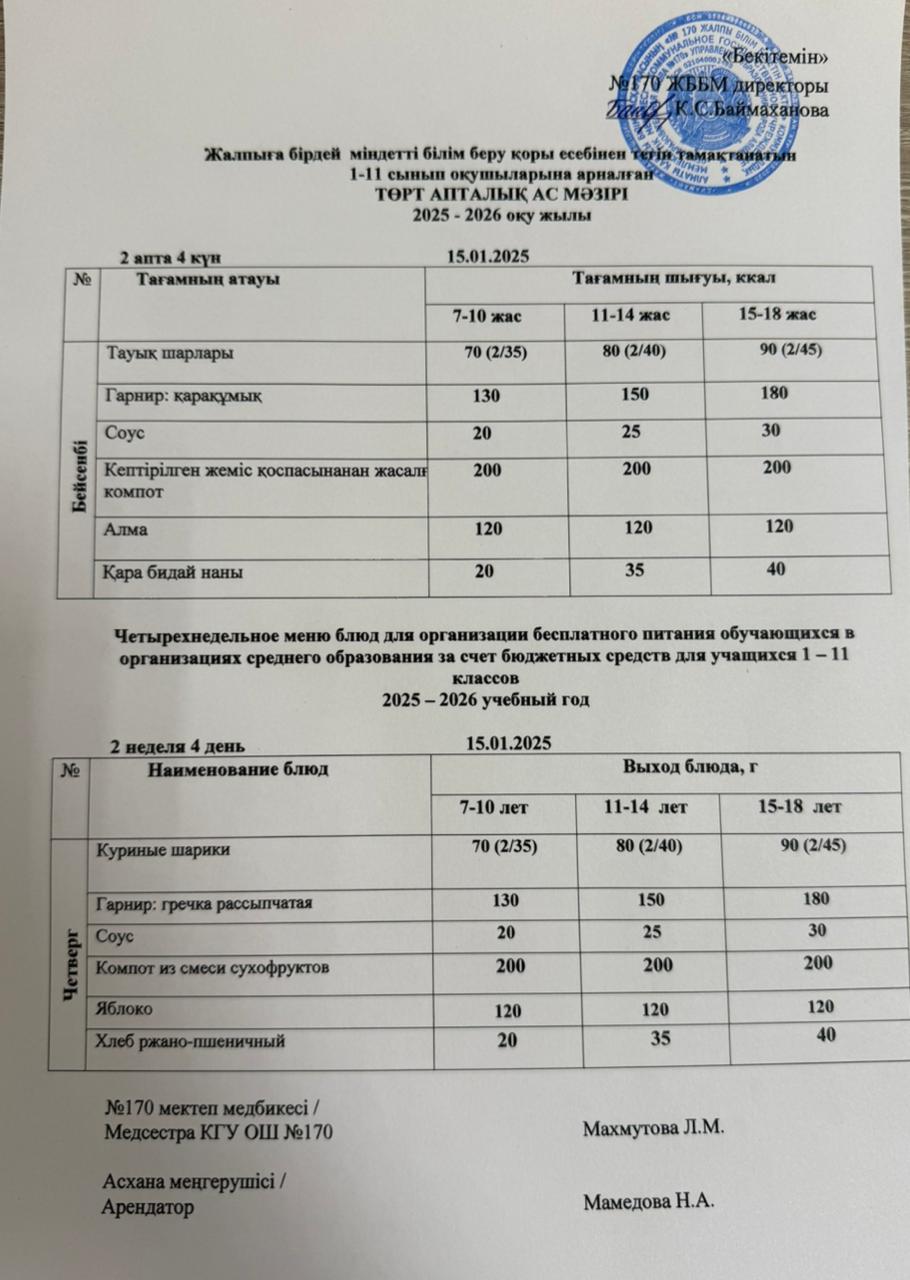 Ас мәзірі / Меню 15.01.2026