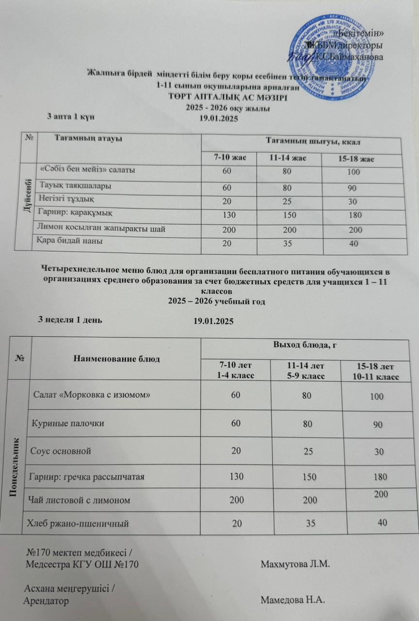 Ас мәзірі / Меню 19.01.2026