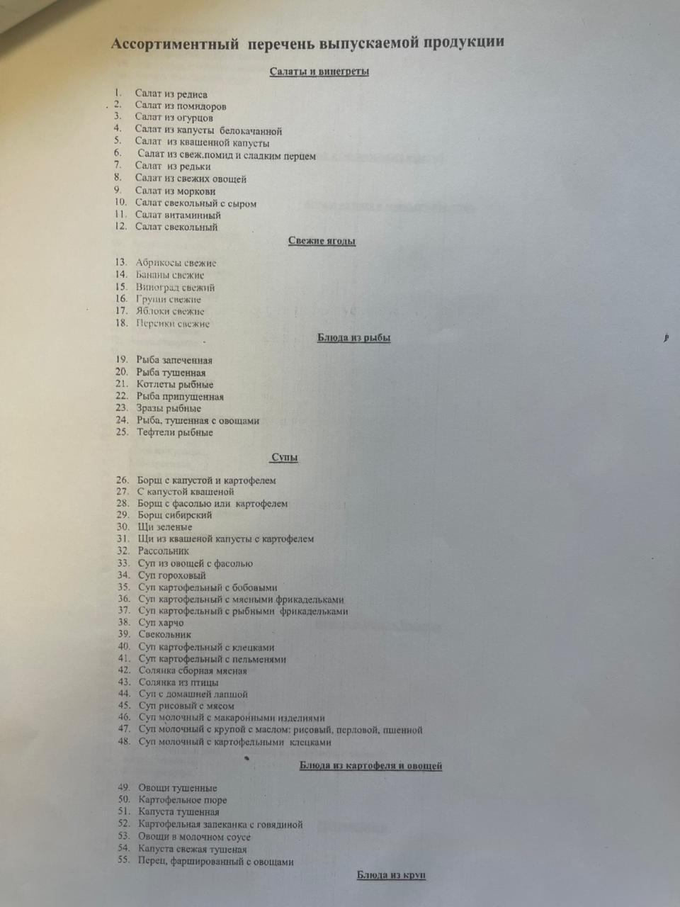 Ассортимент перечень выпускаемой продукции в столовой