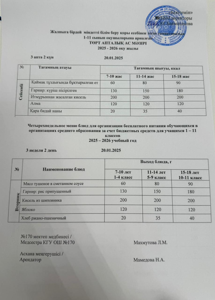 Ас мәзірі / Меню 20.01.2026