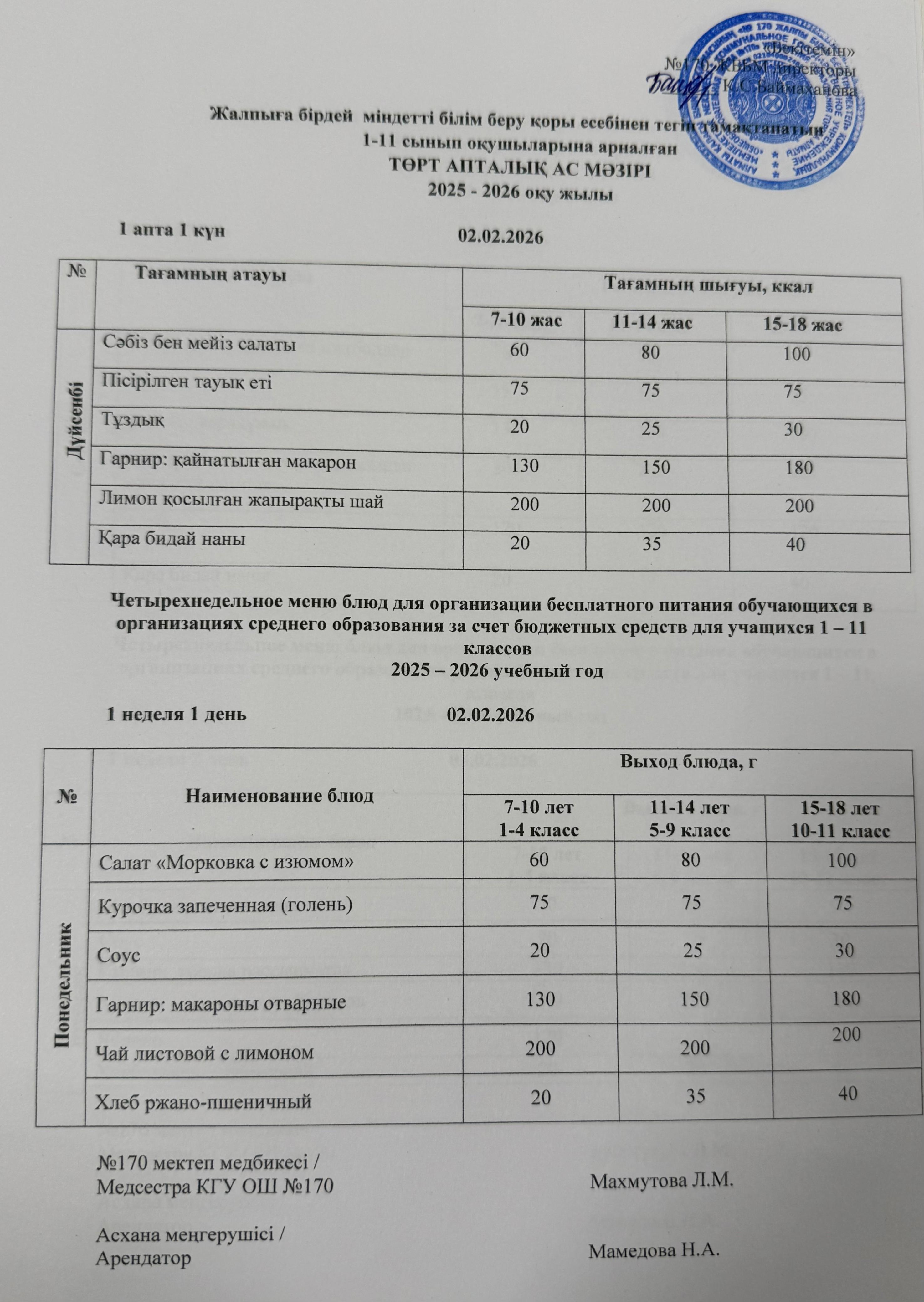Ас мәзірі / Меню 02.02.2026